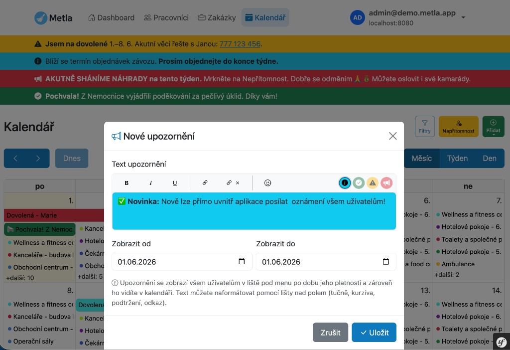 Ukázka oznámení v liště a editoru oznámení v aplikaci Metla