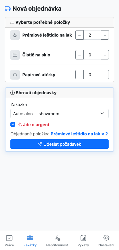 Mobilní objednávka zásob s urgentním leštidlem