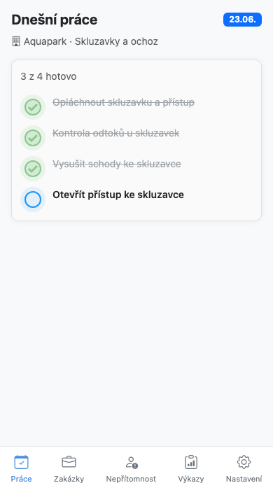 Mobilní seznam úkolů směny s checkboxy