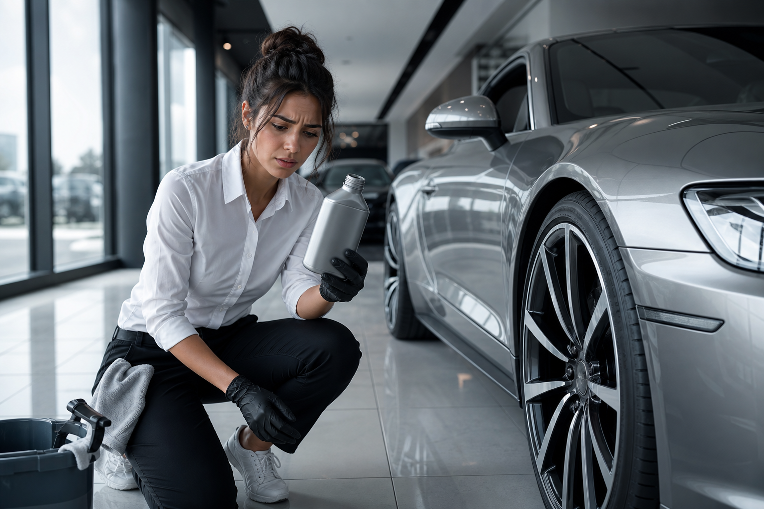 Prázdná lahev leštidla u expozičního vozu v autosalonu
